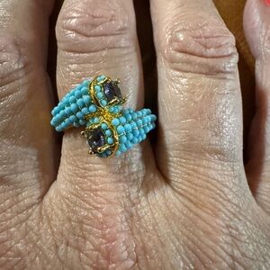 Elegant Turquoise and Gold Beaded Ring